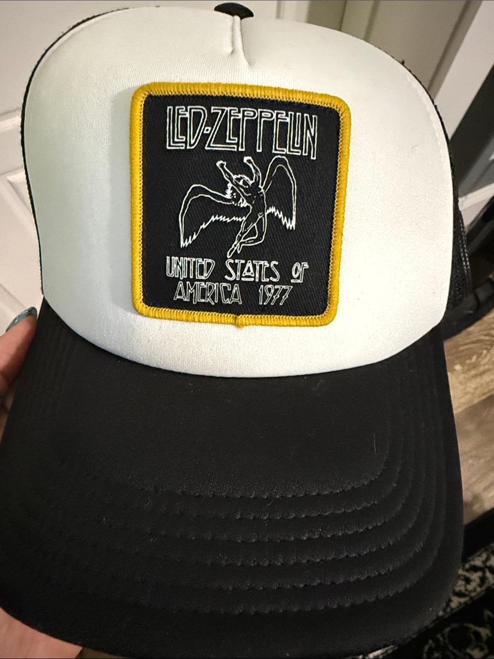 Led Zeppelin Black and White Trucker Hat with Yellow Patch